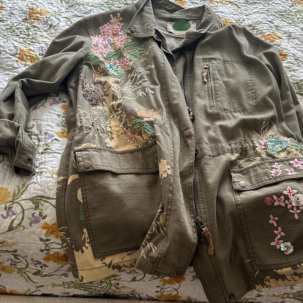Anthropologie Floral Embroidered Utility Jacket in Olive